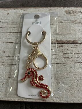 5/$25 mint Gold Seahorse Keychain with Red Crystal Accents